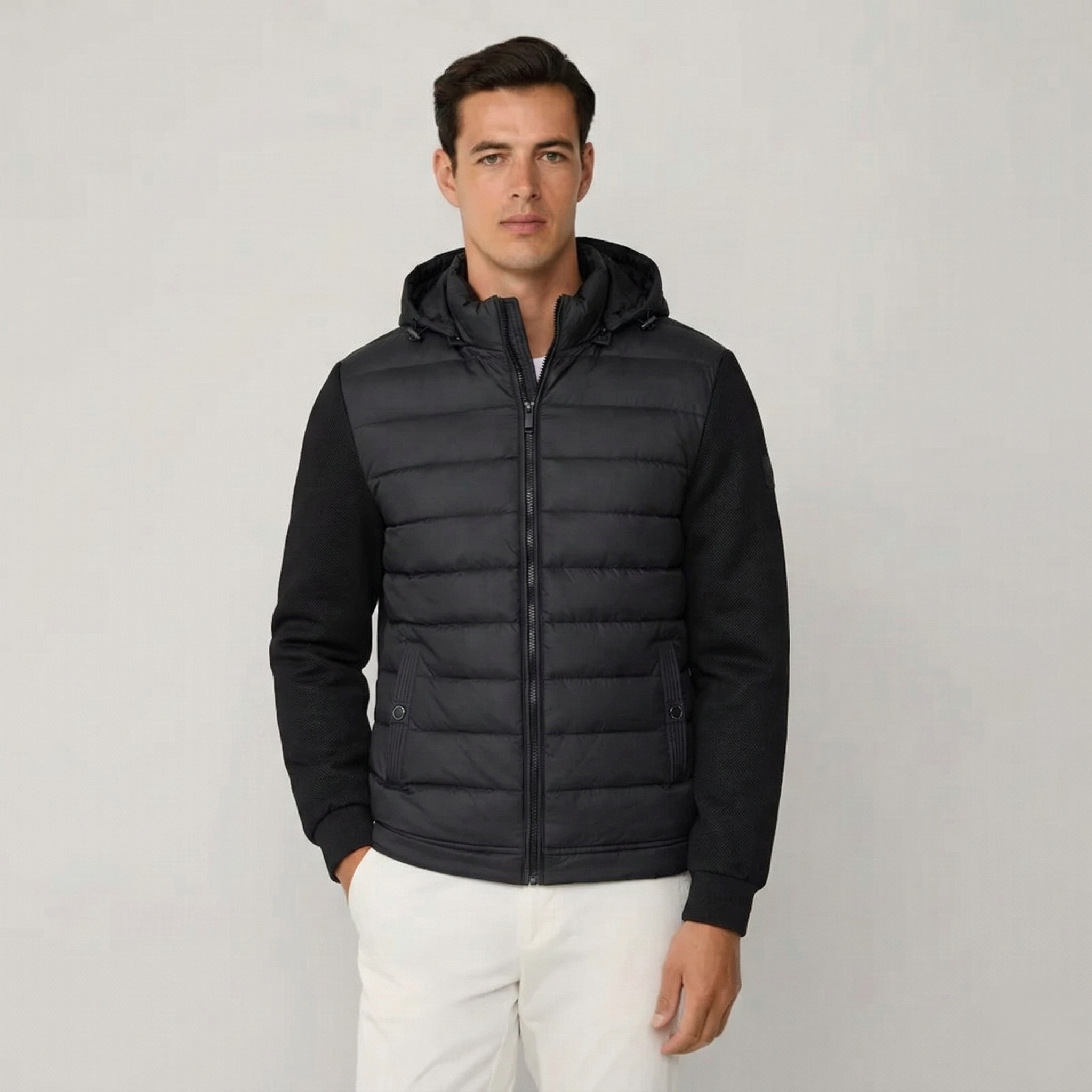 Graz Hybrid-Steppjacke mit Kapuze und Fleece-Ärmeln
