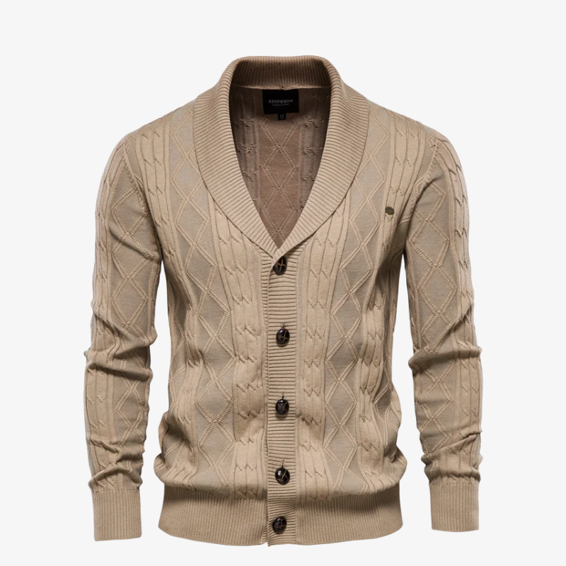 Heidelberg Schalkragen-Strickjacke mit Zopfmuster und Knöpfen