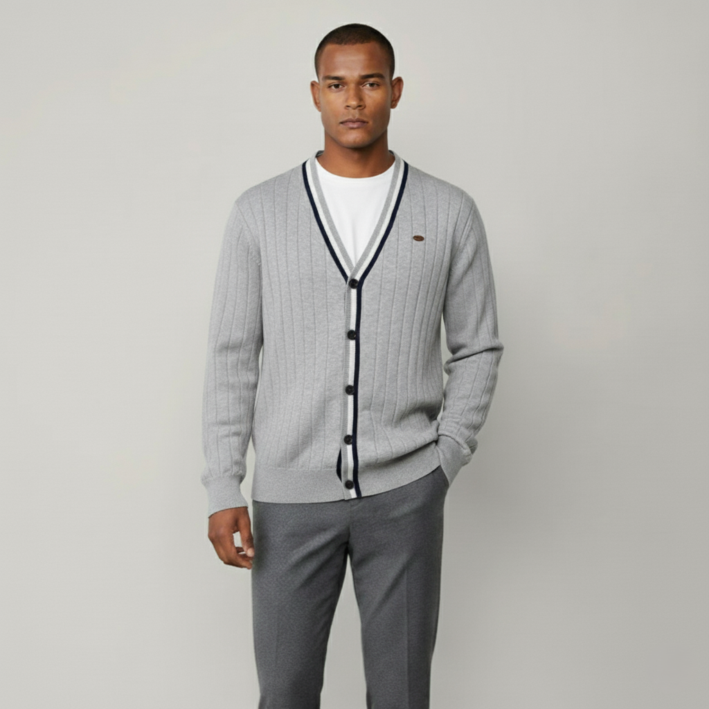 Baden Slim-Fit Strickjacke mit V-Ausschnitt und Kontraststreifen