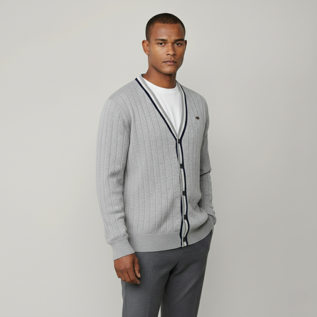 Baden Slim-Fit Strickjacke mit V-Ausschnitt und Kontraststreifen