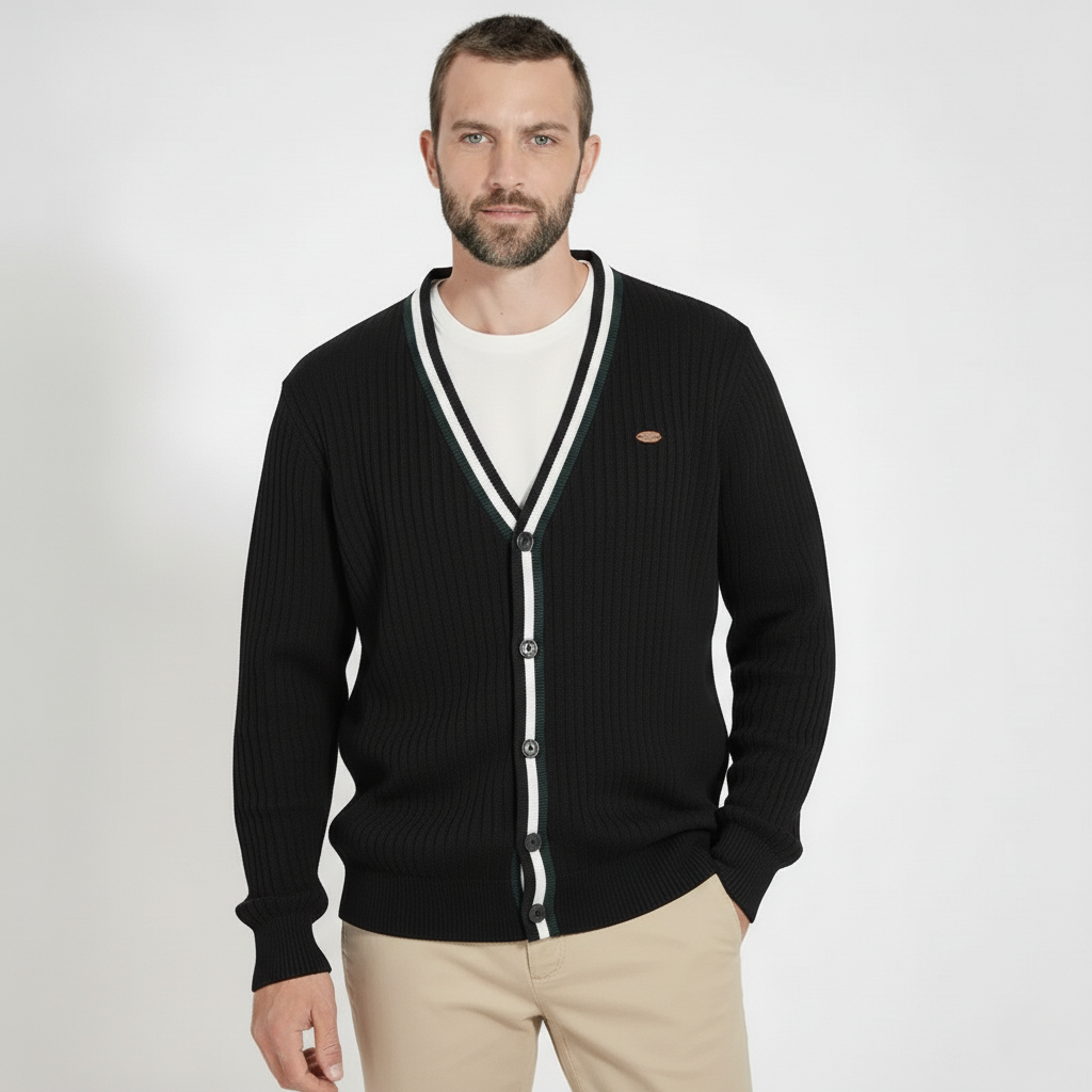 Baden Slim-Fit Strickjacke mit V-Ausschnitt und Kontraststreifen