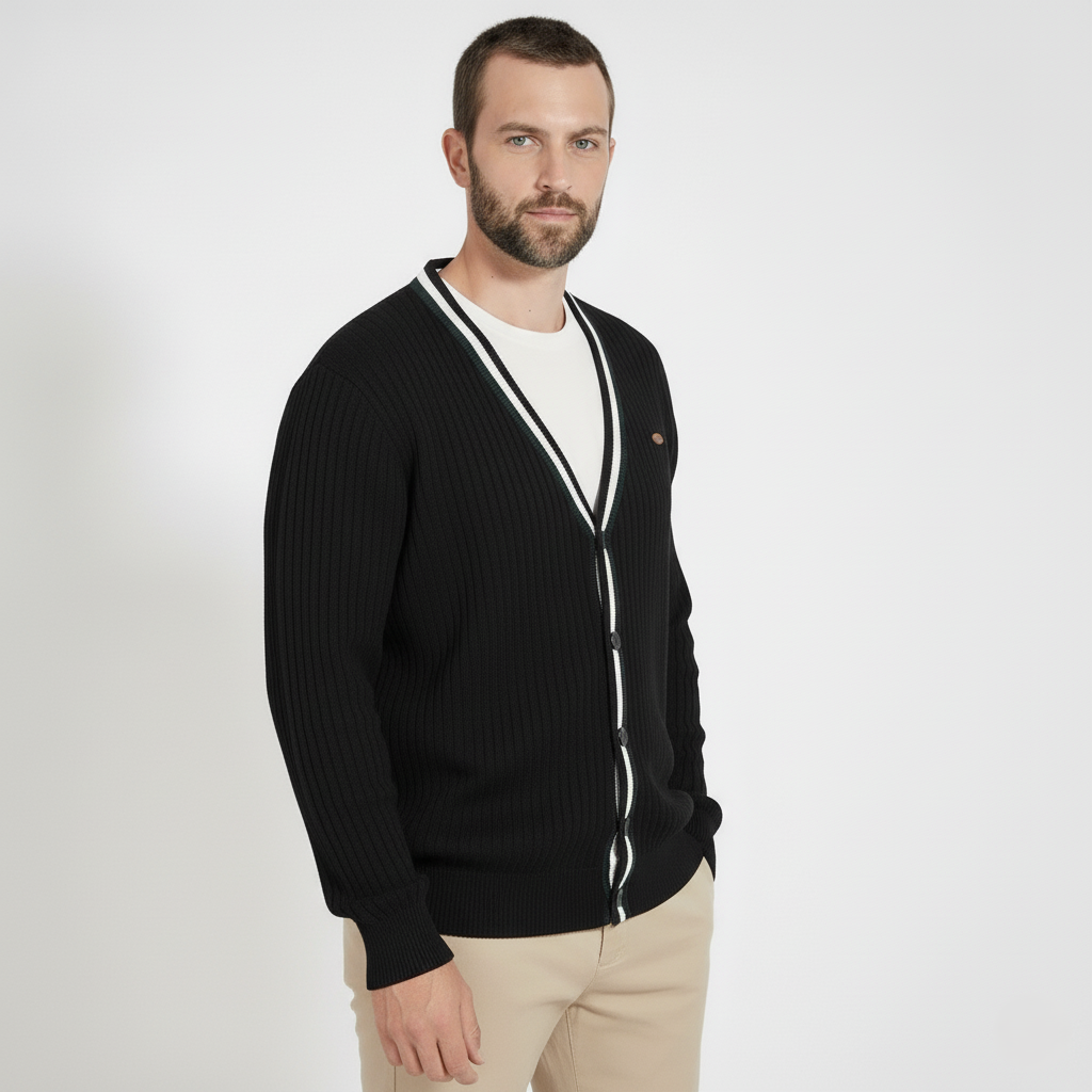 Baden Slim-Fit Strickjacke mit V-Ausschnitt und Kontraststreifen