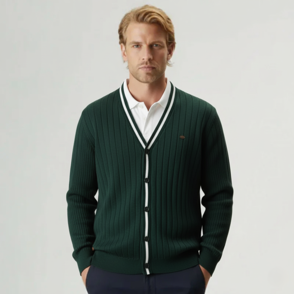 Baden Slim-Fit Strickjacke mit V-Ausschnitt und Kontraststreifen