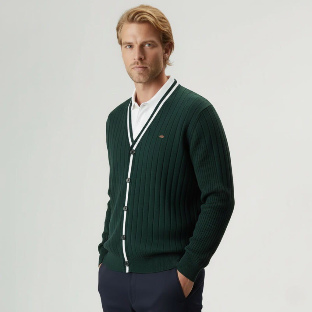 Baden Slim-Fit Strickjacke mit V-Ausschnitt und Kontraststreifen