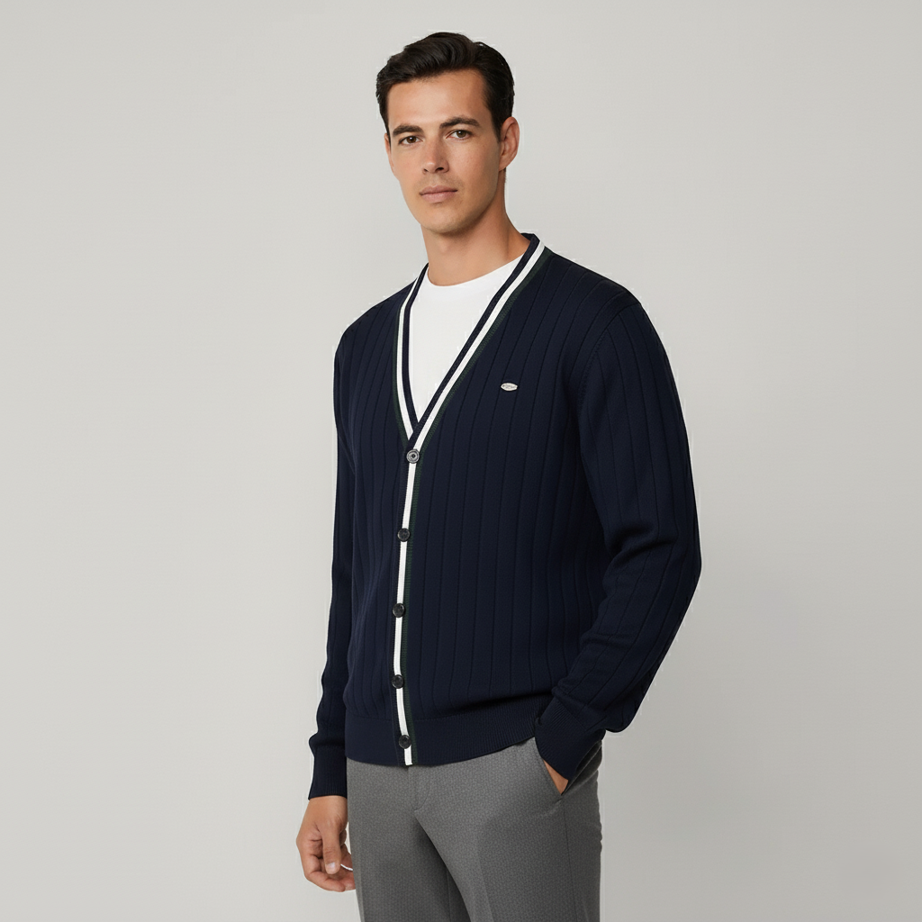 Baden Slim-Fit Strickjacke mit V-Ausschnitt und Kontraststreifen