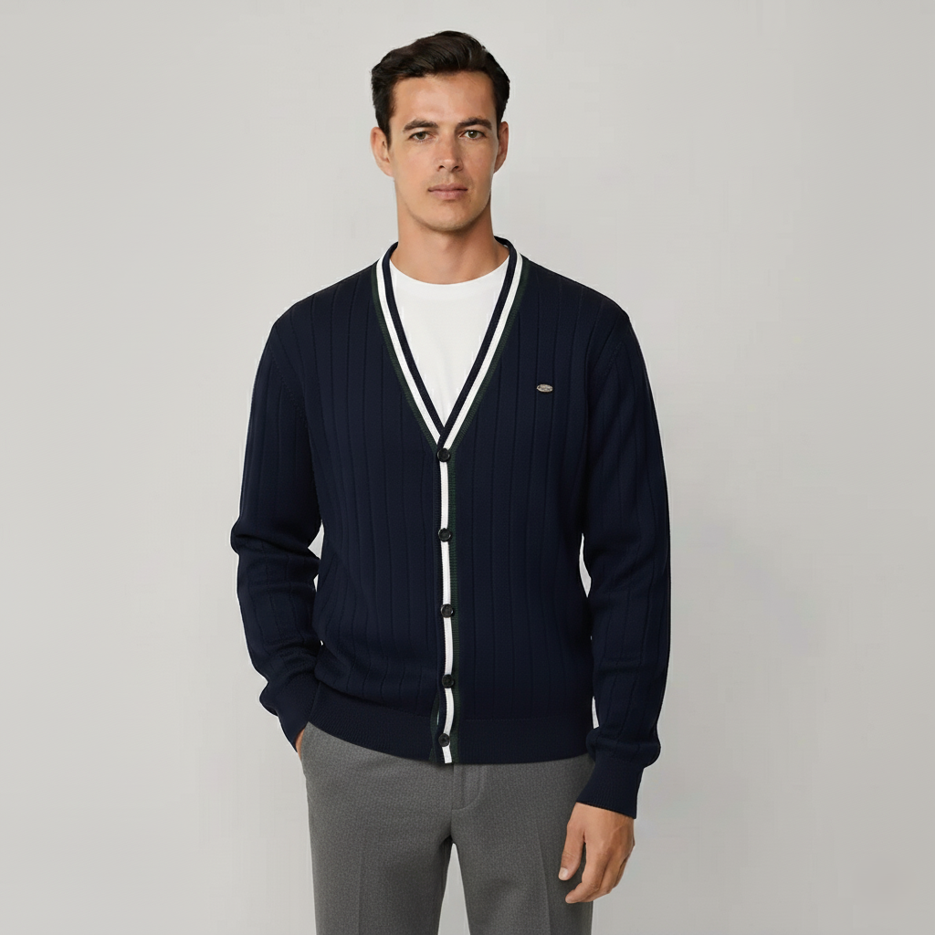 Baden Slim-Fit Strickjacke mit V-Ausschnitt und Kontraststreifen