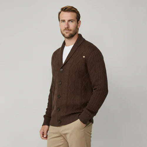 Heidelberg Schalkragen-Strickjacke mit Zopfmuster und Knöpfen