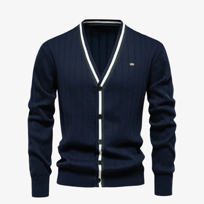 Baden Slim-Fit Strickjacke mit V-Ausschnitt und Kontraststreifen
