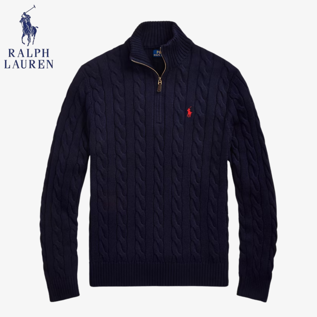 Zopfmuster-Wollpullover Polo RL St. Moritz mit Half-Zip