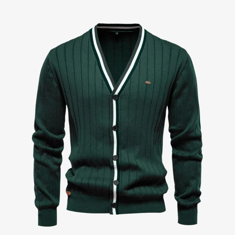 Baden Slim-Fit Strickjacke mit V-Ausschnitt und Kontraststreifen