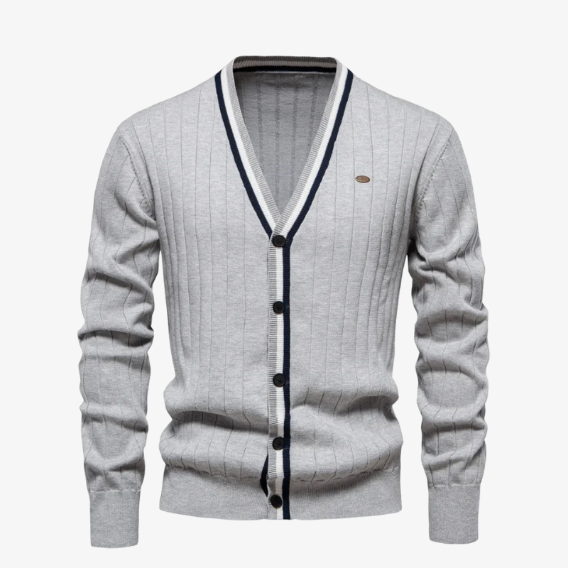 Baden Slim-Fit Strickjacke mit V-Ausschnitt und Kontraststreifen
