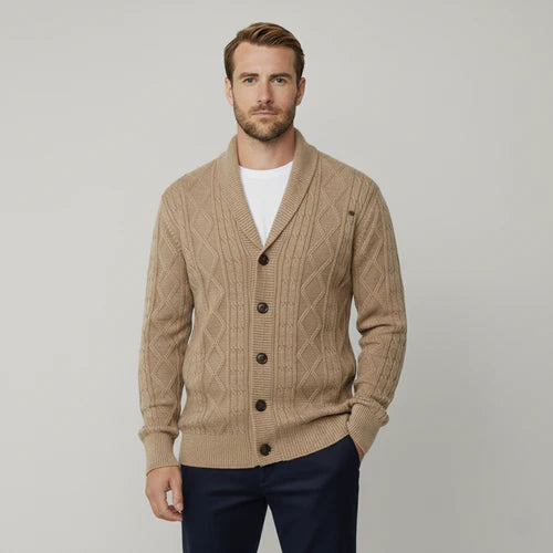 Heidelberg Schalkragen-Strickjacke mit Zopfmuster und Knöpfen