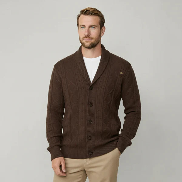 Heidelberg Schalkragen-Strickjacke mit Zopfmuster und Knöpfen